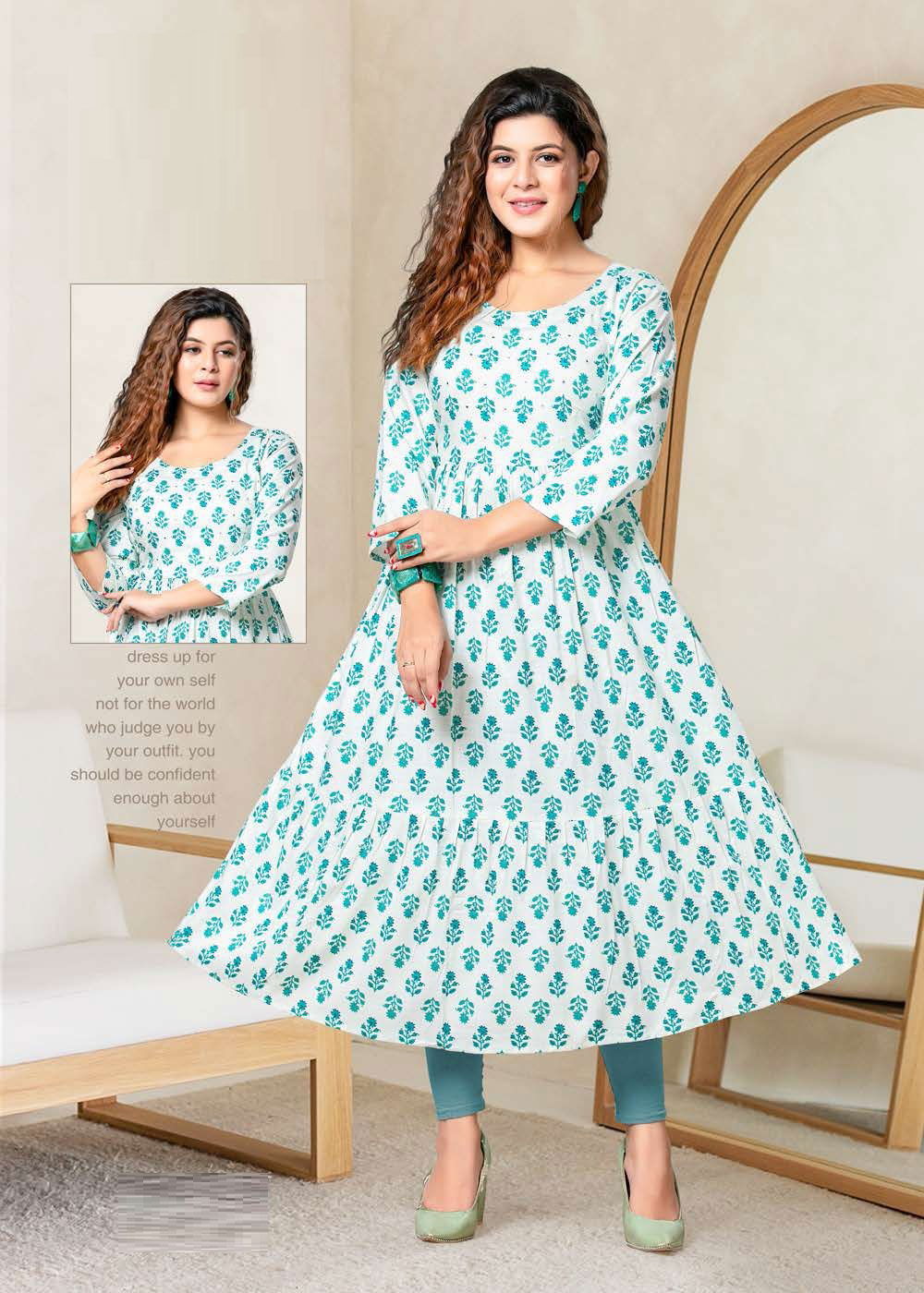 Hirwa Mirrors Heavy Rayon Printed Ethnic Wear Anarkali Kurti Collection